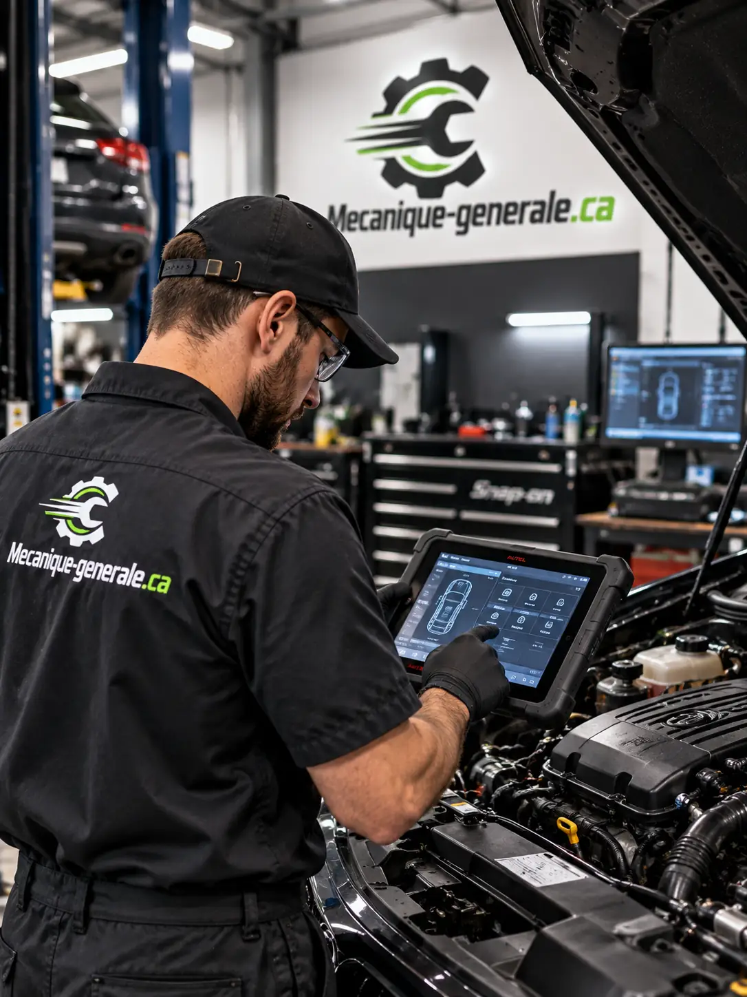 Technicien réalisant un diagnostic électronique sur un véhicule