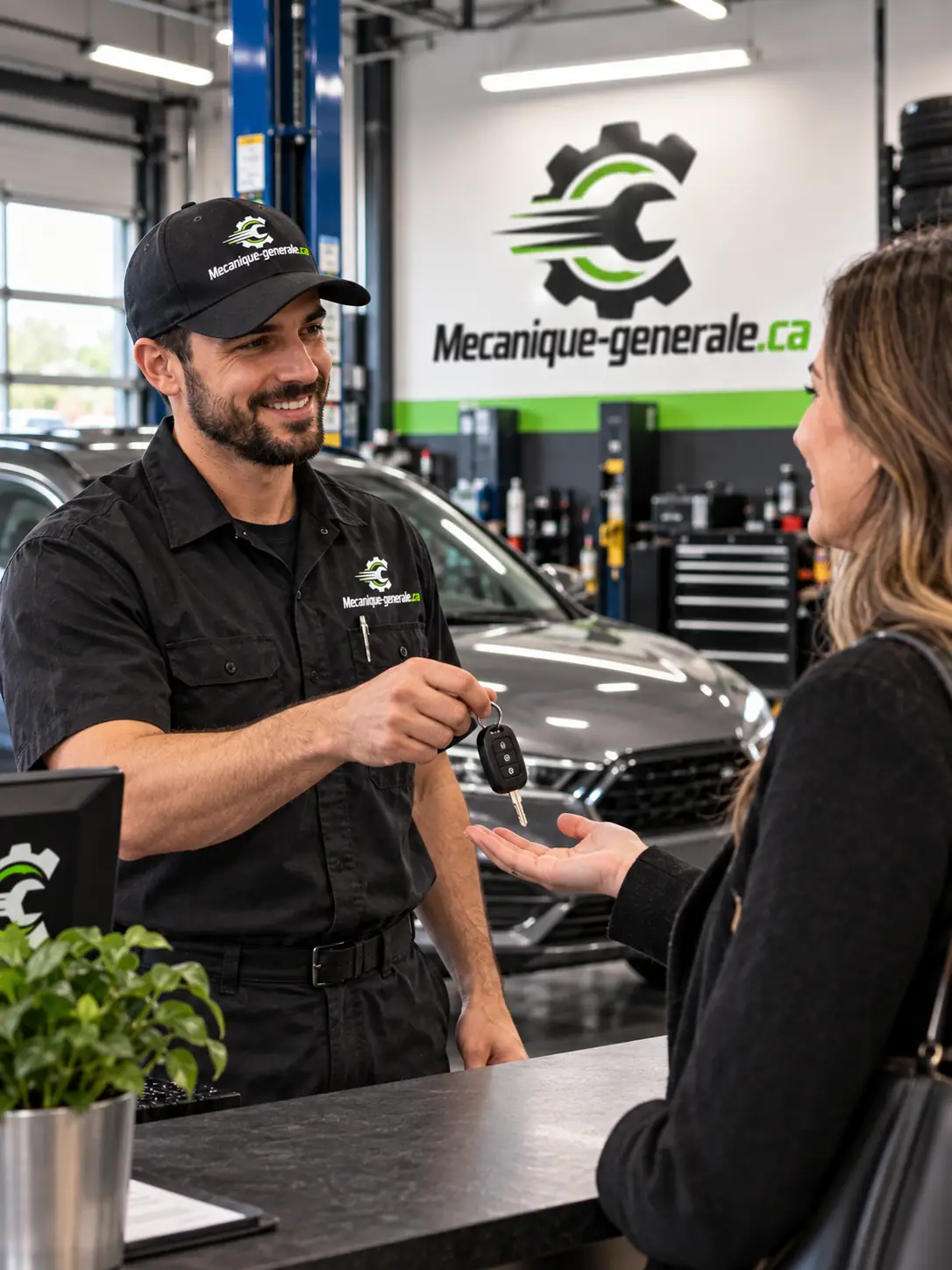Remise des clés à une cliente au comptoir du garage